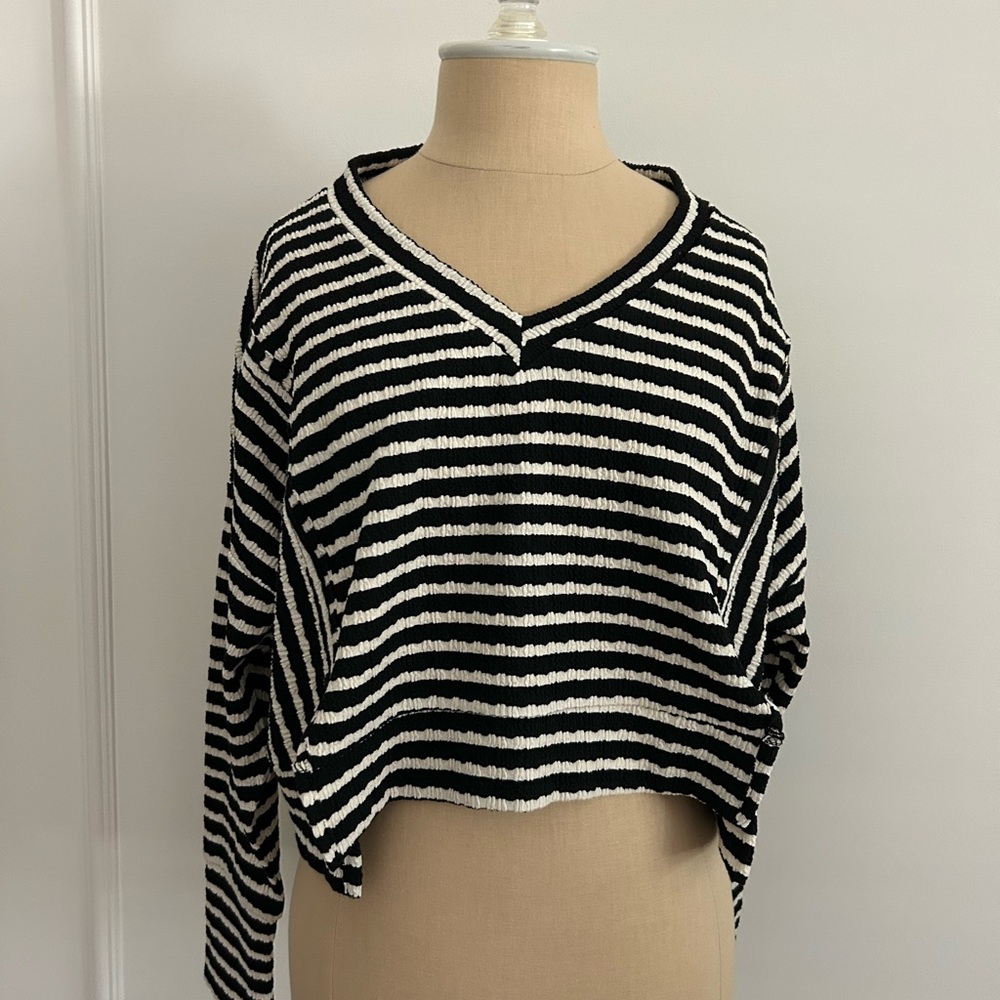 Altar'd State Black and White Striped V-Neck Top